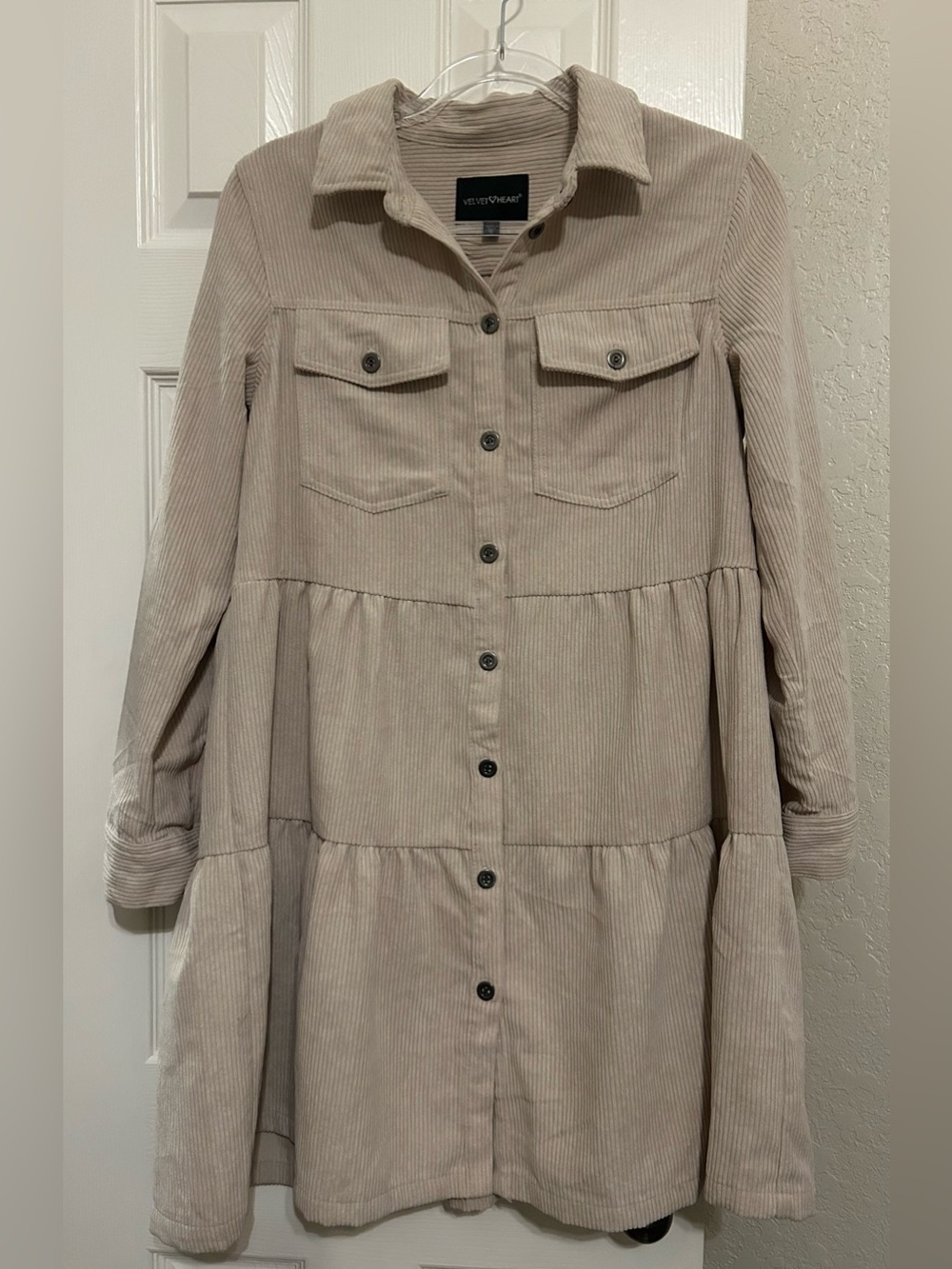 Velvet Heart Neutral Beige Corduroy Tiered Button-Up Dress